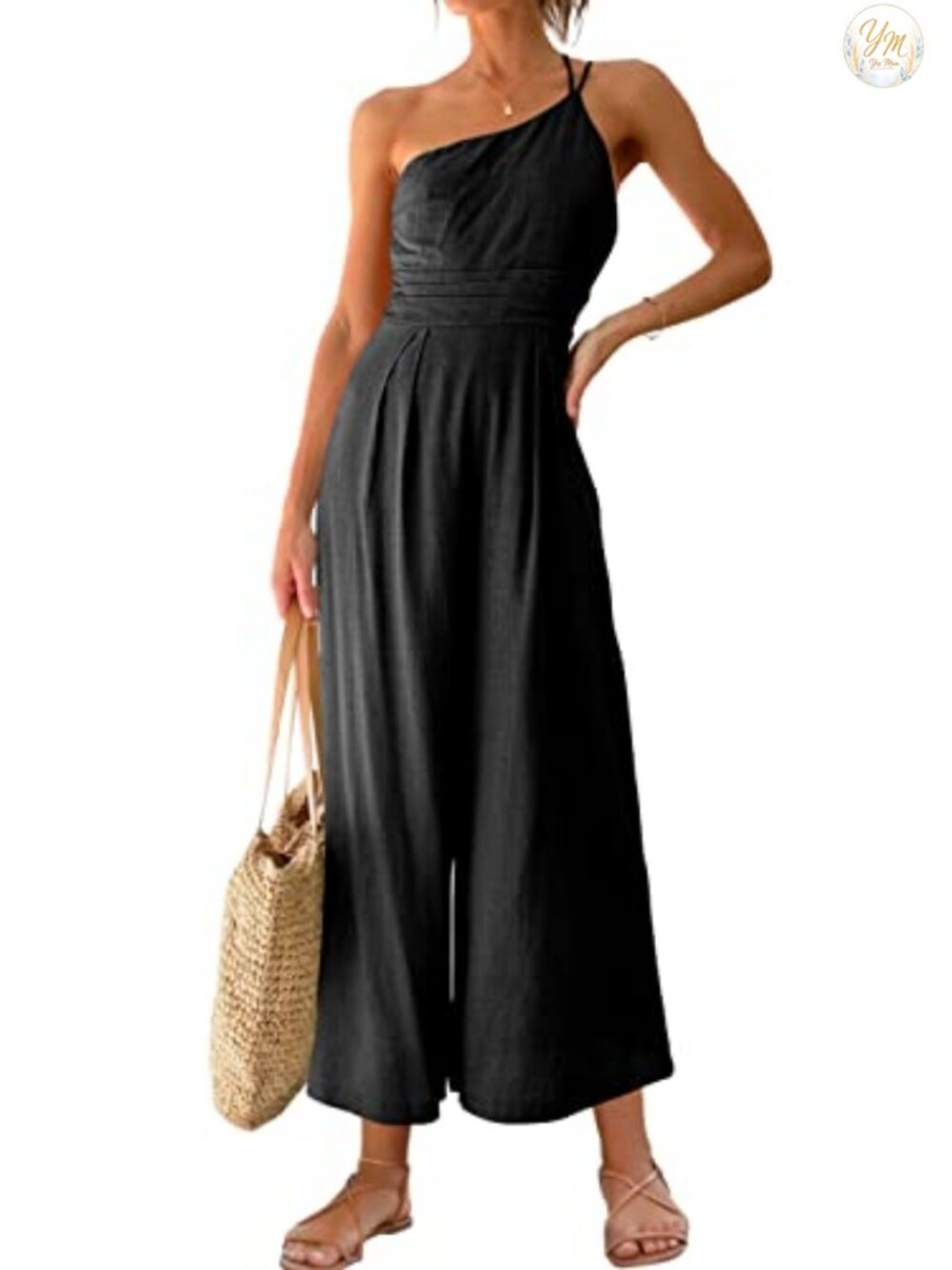 Women's One Shoulder Wide Leg Jumpsuit with Pockets, Rayon Linen Blend Romper